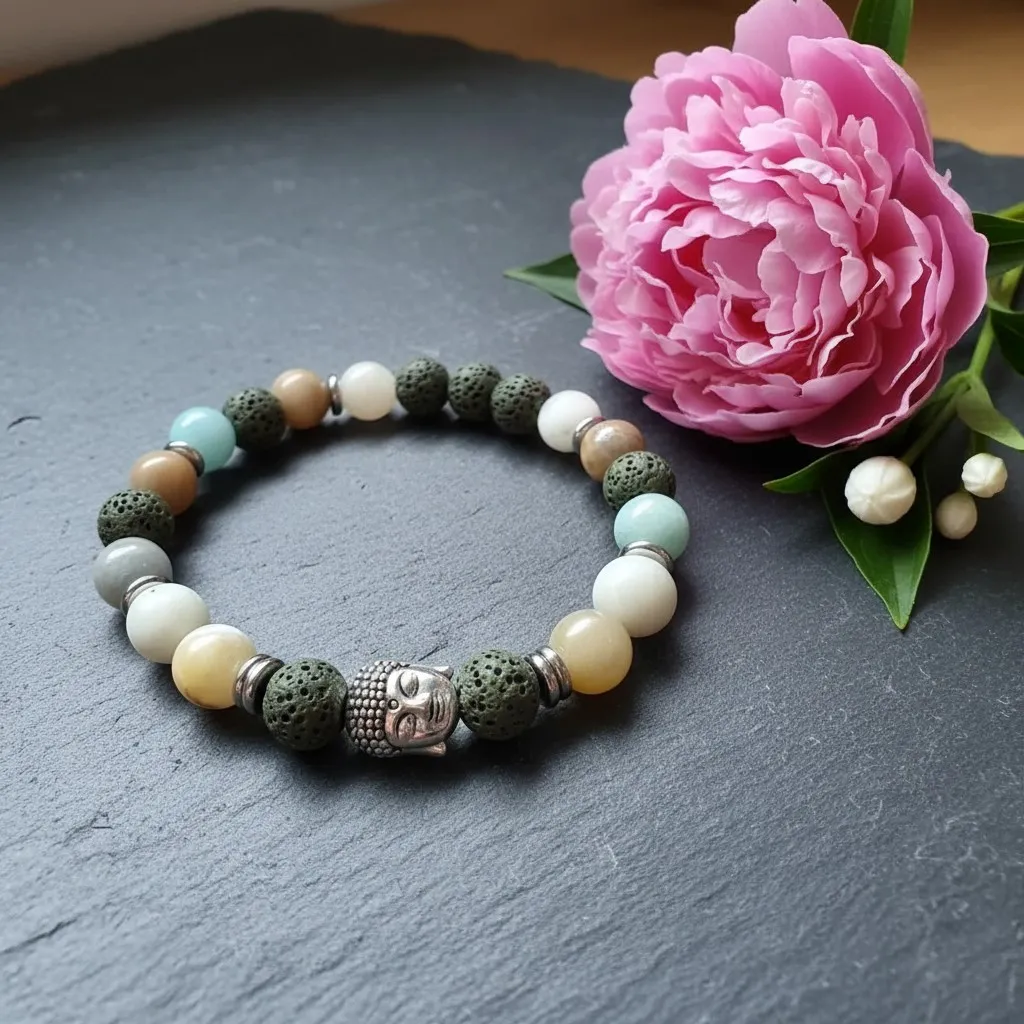 Bracelet extensible en Pierres semi-précieuses naturelles ~ Méditation ~ bouddha (6 po (très petit), Amazonite) (Modifier avec l'IA) (1).webp