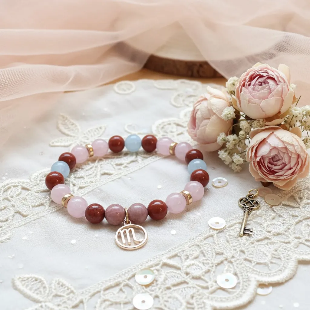 Bracelet en Pierre précieuse Breloque dorée signe du zodiaque Scorpion (6 po (très petit), Aigue Marine) (Modifier avec l'IA) (2).webp