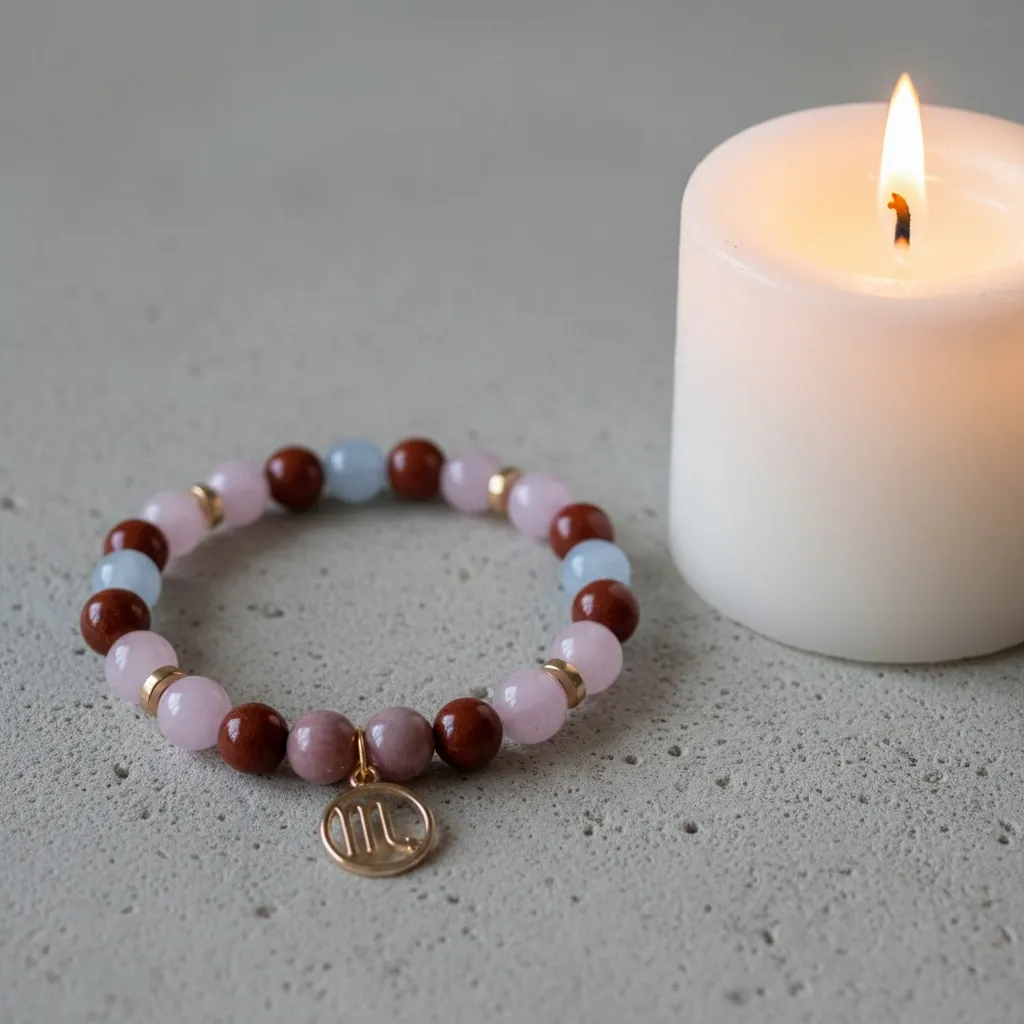 Bracelet en Pierre précieuse Breloque dorée signe du zodiaque Scorpion (6 po (très petit), Aigue Marine) (Modifier avec l'IA).webp