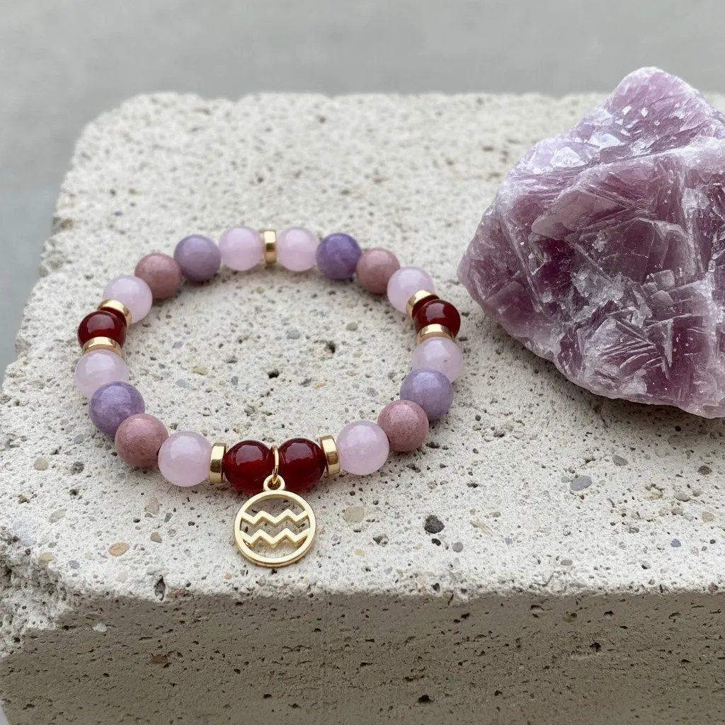 Bracelet en Pierre précieuse Breloque dorée signe du zodiaque Verseau (6 po (très petit), Quartz rose) (Modifier avec l'IA).webp