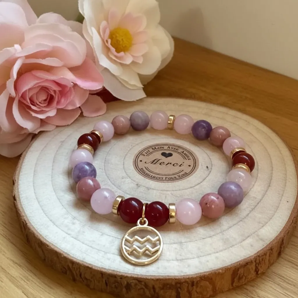 Bracelet en Pierre précieuse Breloque dorée signe du zodiaque Verseau (6 po (très petit), Quartz rose) (Modifier avec l'IA) (2).webp