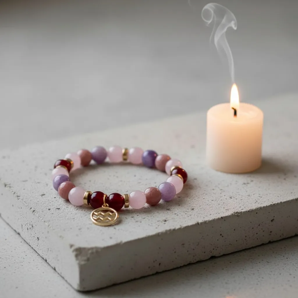 Bracelet en Pierre précieuse Breloque dorée signe du zodiaque Verseau (6 po (très petit), Quartz rose) (Modifier avec l'IA) (3).webp