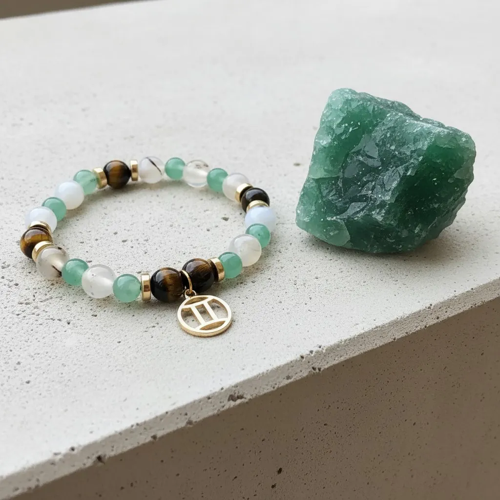 Bracelet en Pierre précieuse Breloque dorée signe du zodiaque Gémeaux (6 po (très petit), Quartz rutile) (Modifier avec l'IA) (1).webp