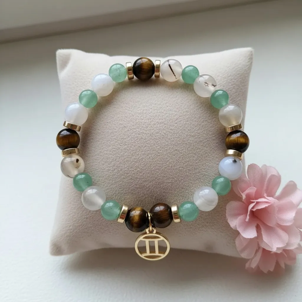 Bracelet en Pierre précieuse Breloque dorée signe du zodiaque Gémeaux (6 po (très petit), Quartz rutile) (Modifier avec l'IA).webp