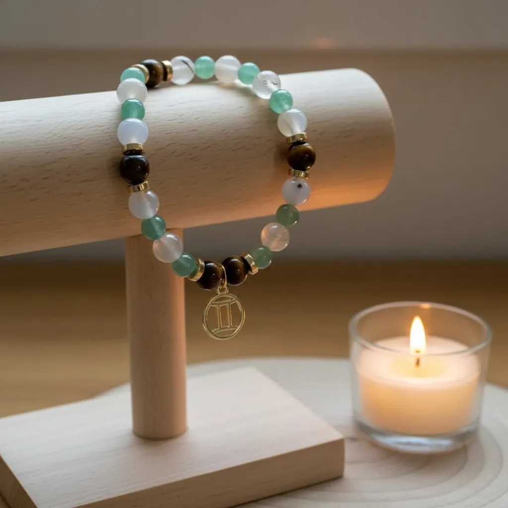 Bracelet en Pierre précieuse Breloque dorée signe du zodiaque Gémeaux (6 po (très petit), Quartz rutile) (Modifier avec l'IA) (3).webp