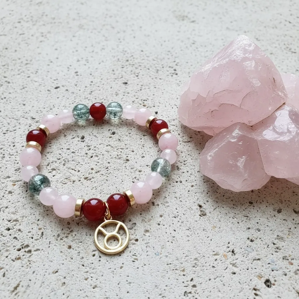 Bracelet en Pierres semi-précieuses Breloque dorée signe du zodiaque Taureau (6 po (très petit), Agate) (Modifier avec l'IA) (1).webp