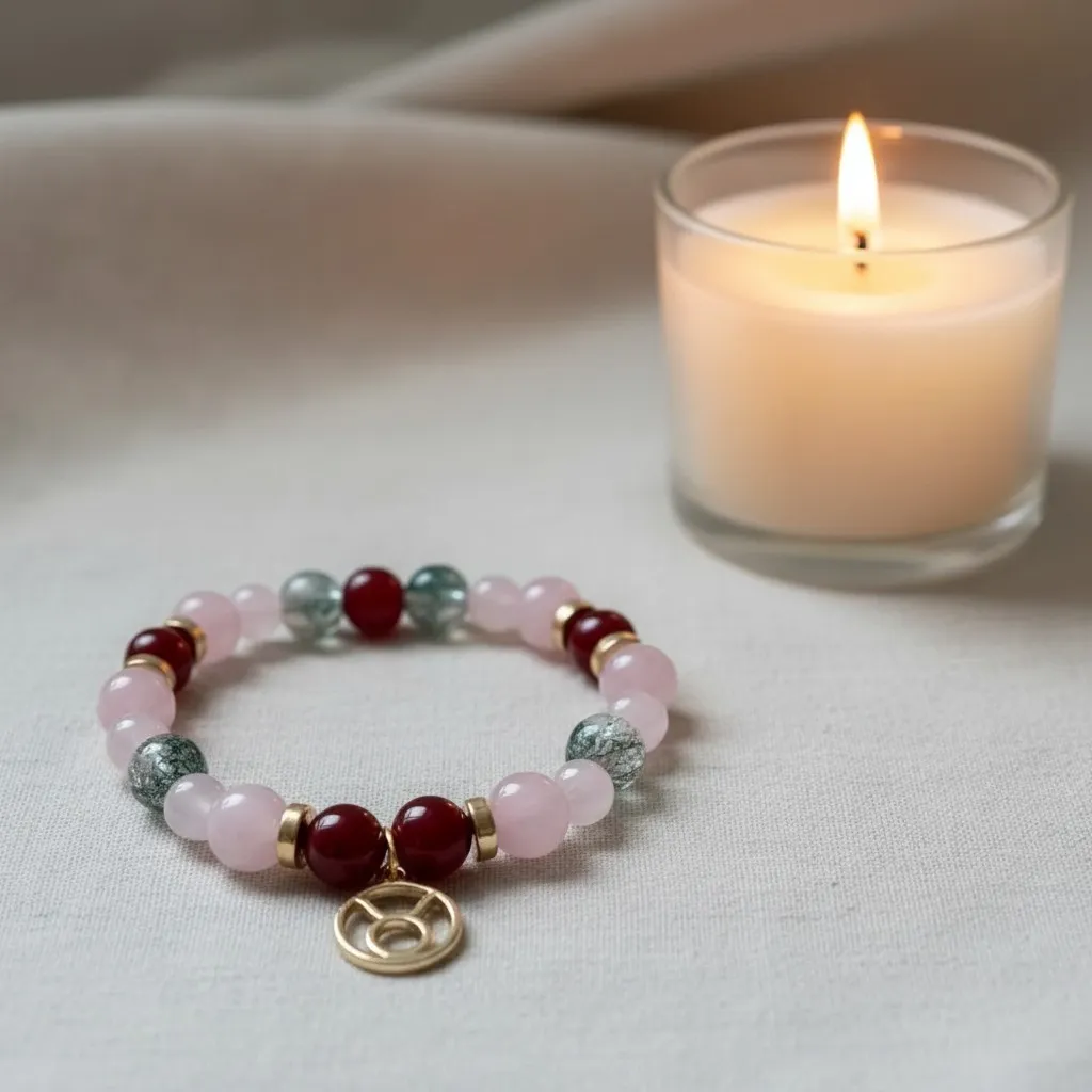 Bracelet en Pierres semi-précieuses Breloque dorée signe du zodiaque Taureau (6 po (très petit), Agate) (Modifier avec l'IA).webp