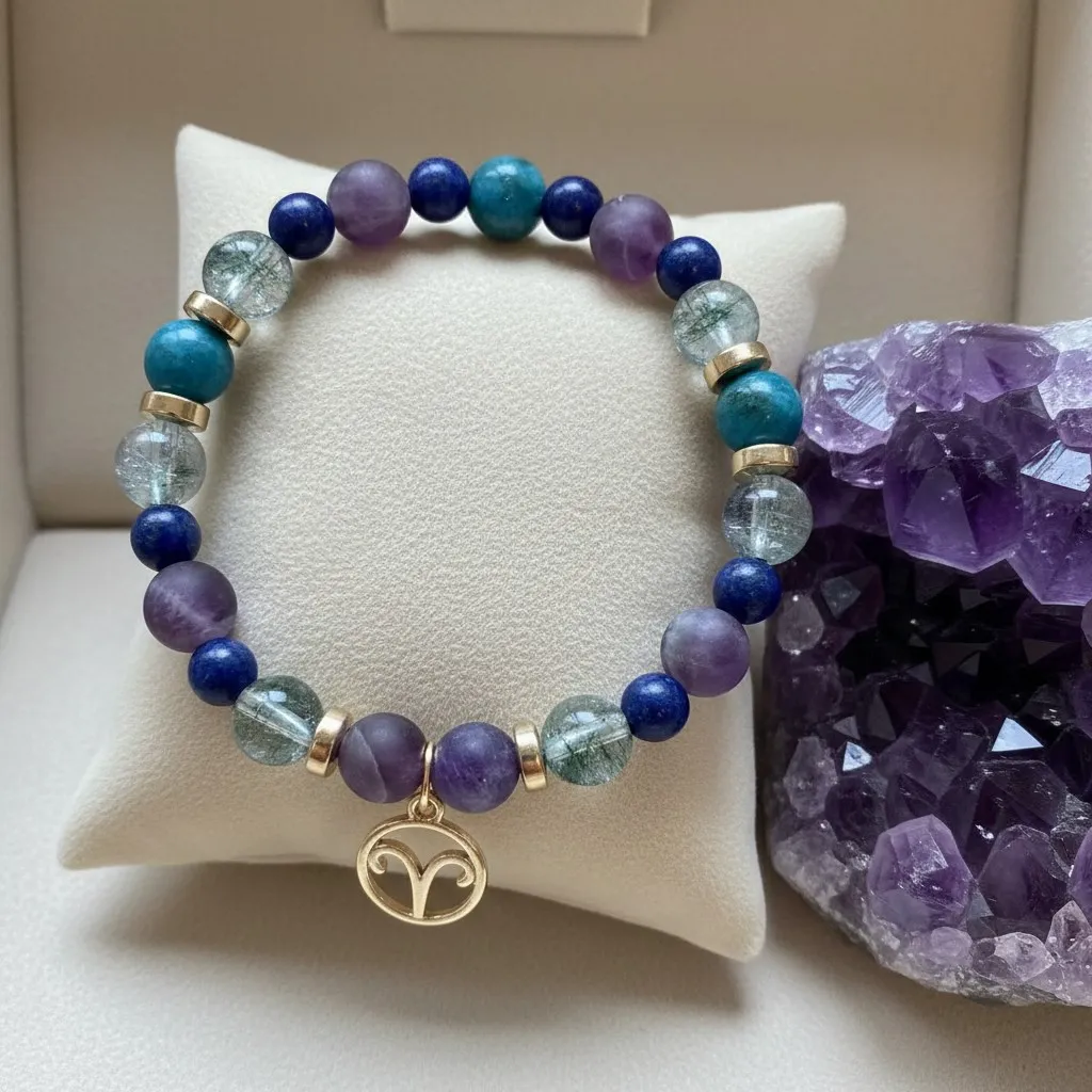 Bracelet en Pierres semi-précieuses Breloque dorée signe du zodiaque Bélier (6 po (très petit), Agate) (Modifier avec l'IA) (1).webp