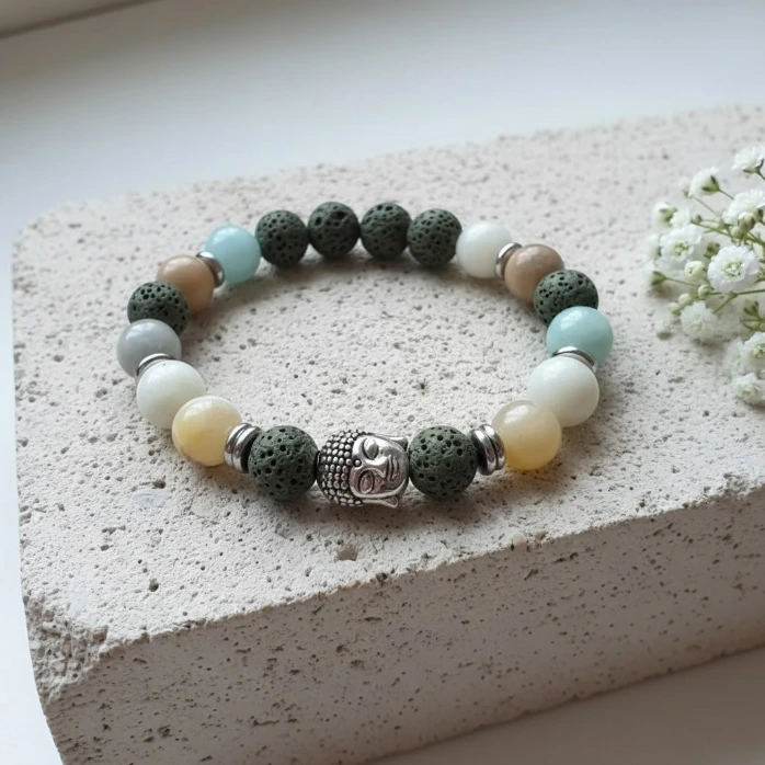 Stretch Bracelet in Natural Semi-Precious Stones ~ Meditation ~ Buddha (6 po (très petit), Amazonite)