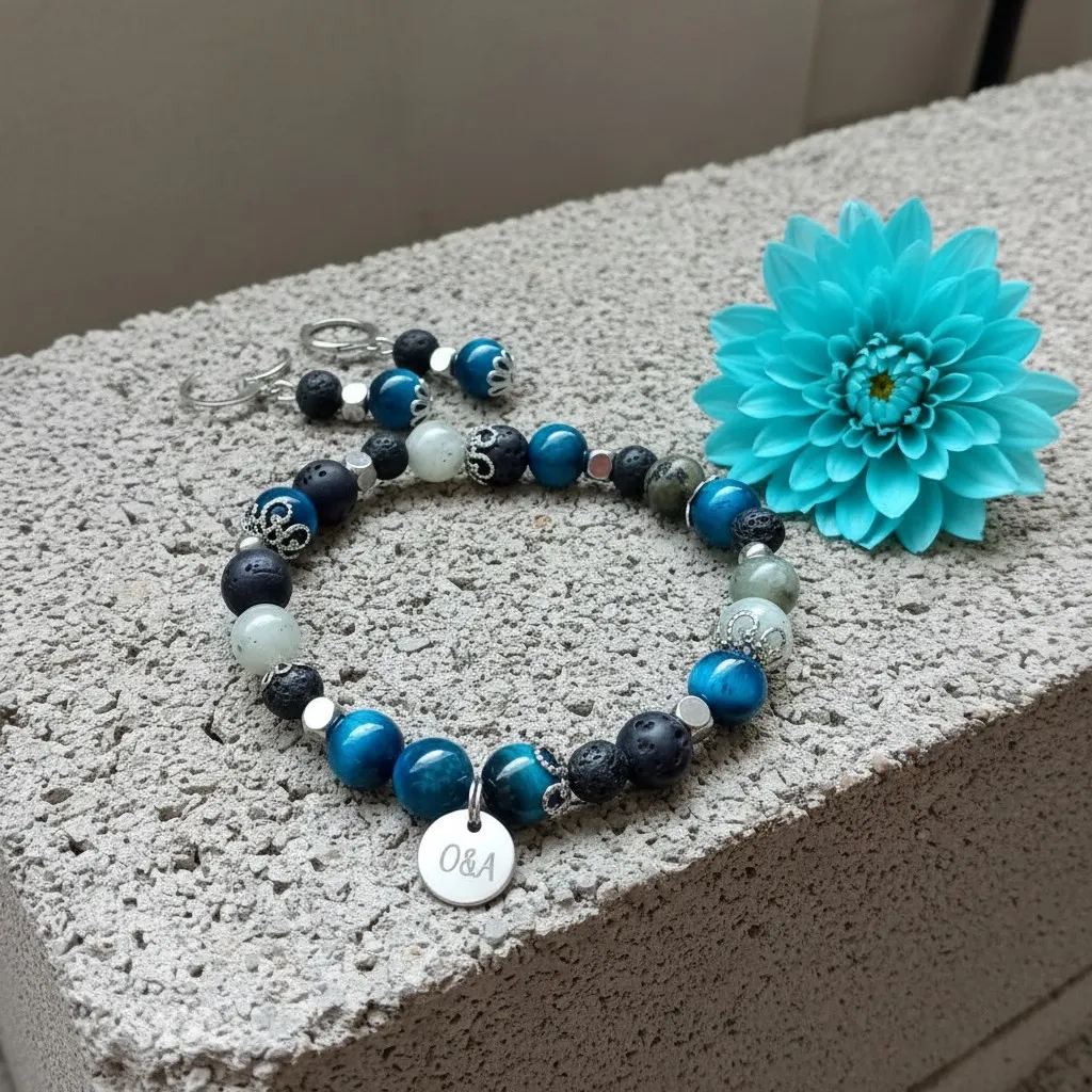 Duo Bracelet and Earrings with Semi-Precious Stones ~ Sky Collection ~ Shield