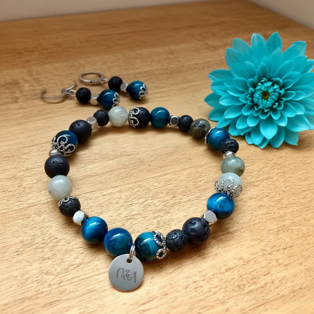 Duo Bracelet and Earrings with Semi-Precious Stones ~ Sky Collection ~ Shield (6 po (très petit), Labradorite)