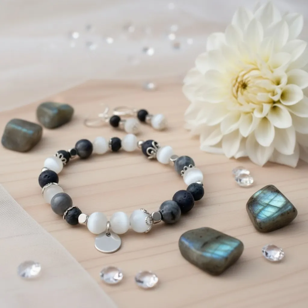 Duo Bracelet et Boucles d'oreilles Pierres semi-précieuses ~ Collection Sky ~ Paix intérieure (6 po (très petit), Labradorite)