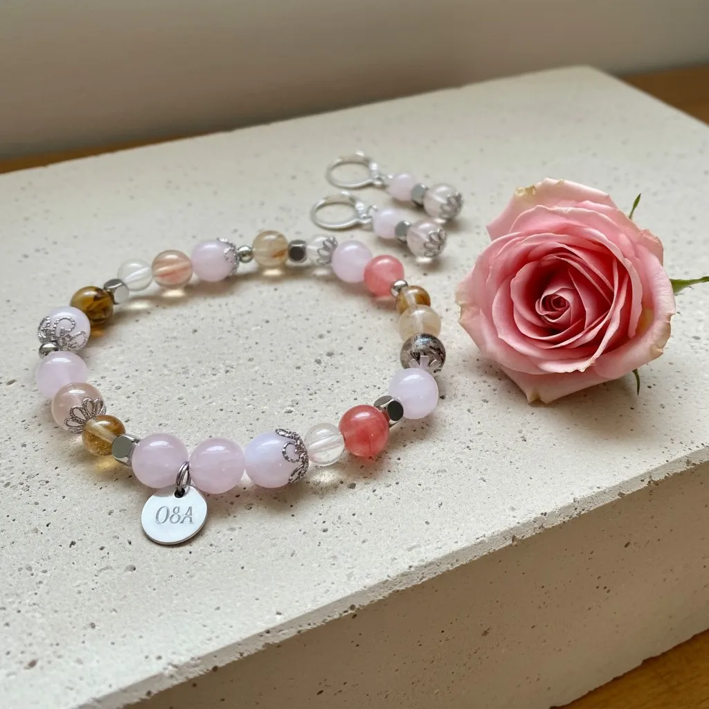 Gemstone Bracelet and Earrings Set ~ Sky Collection ~ Love (6 po (très petit), Rose Quartz)