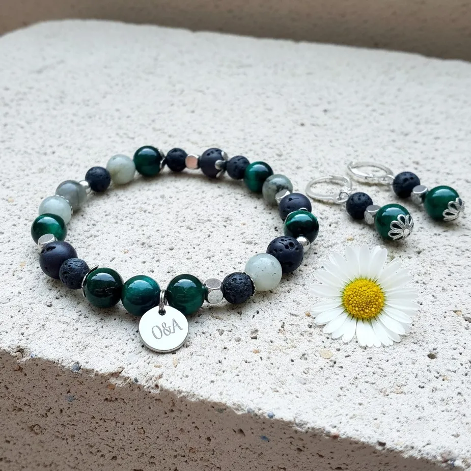 Duo Bracelet et Boucles d'oreilles en Pierres semi-précieuses ~ Collection Sky ~ Énergie (6 po (très petit), Labradorite)