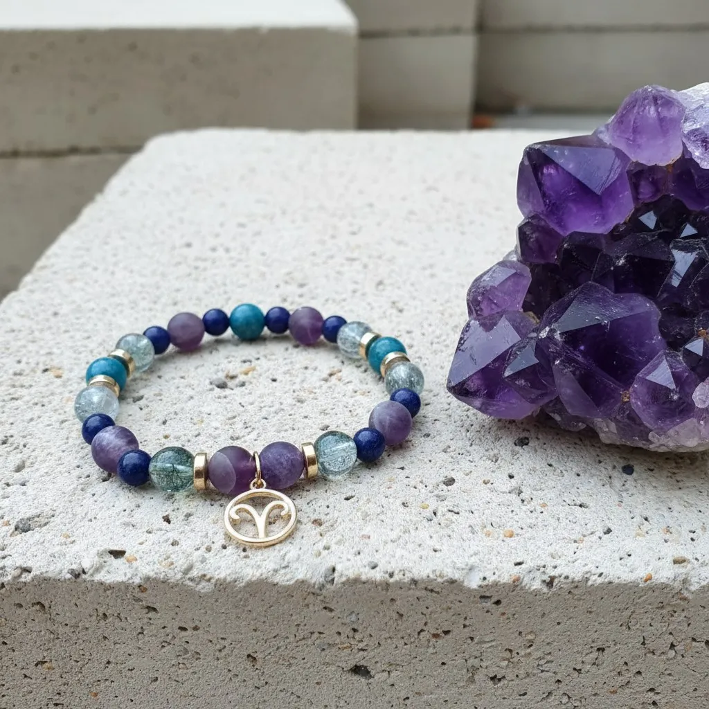 Bracelet en Pierres semi-précieuses Breloque dorée signe du zodiaque Bélier (6 po (très petit), Agate)