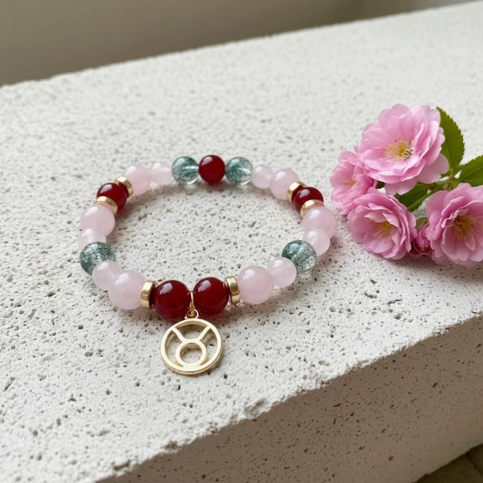 Bracelet en Pierres semi-précieuses Breloque dorée signe du zodiaque Taureau (6 po (très petit), Agate)