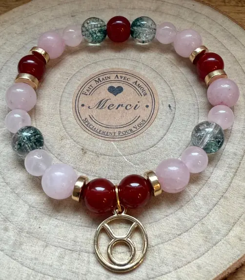 Bracelet en Pierres semi-précieuses Breloque dorée signe du zodiaque Taureau (6 po (très petit), Agate)