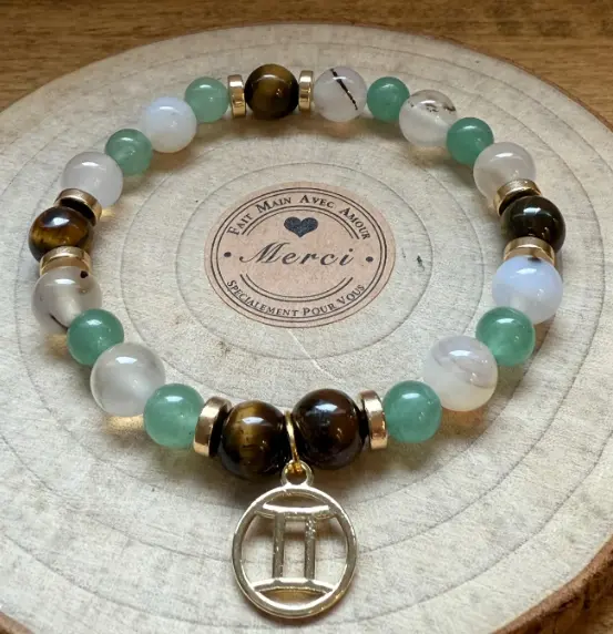 Gemstone bracelet Golden charm Gemini zodiac sign