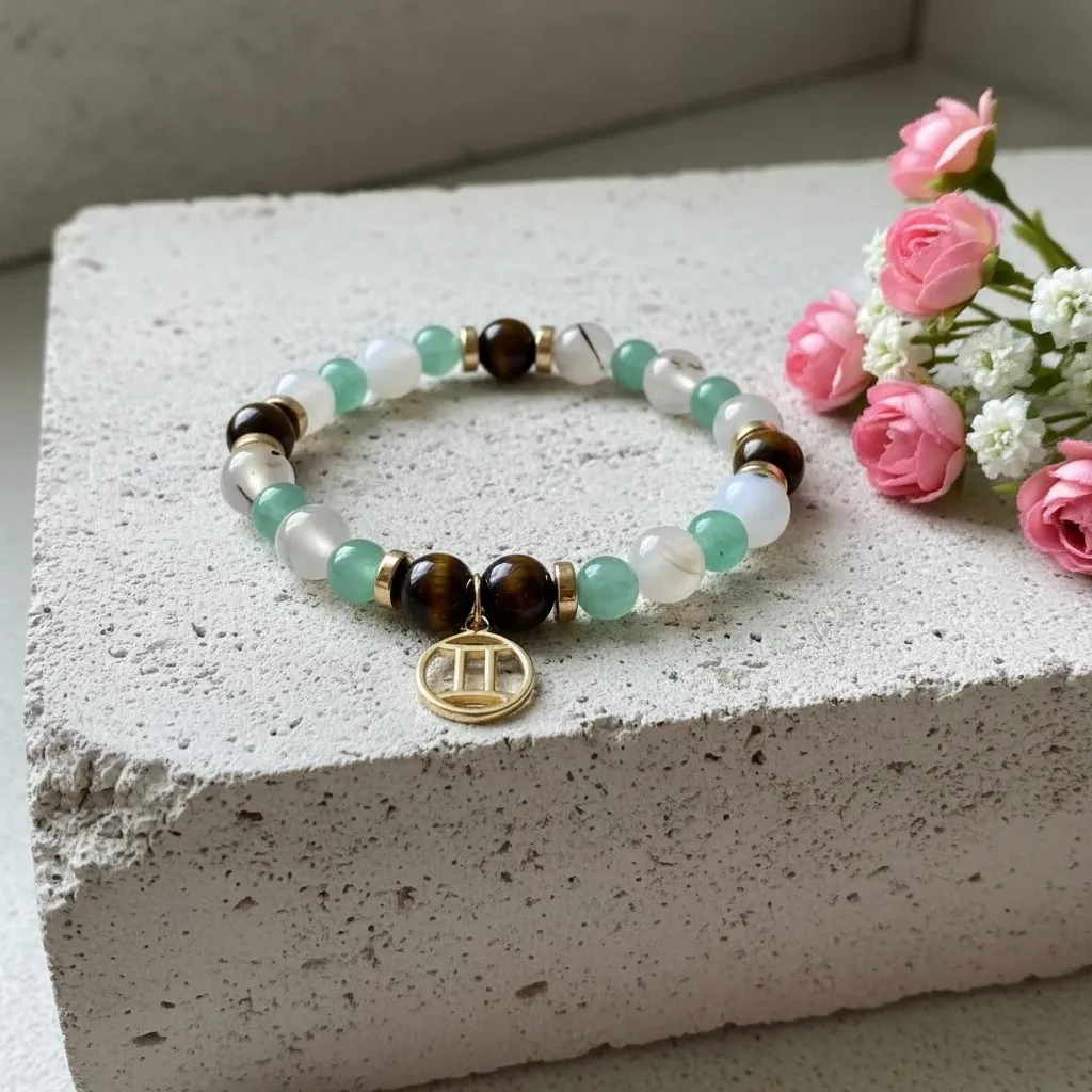 Bracelet en Pierre précieuse Breloque dorée signe du zodiaque Gémeaux (6 po (très petit))