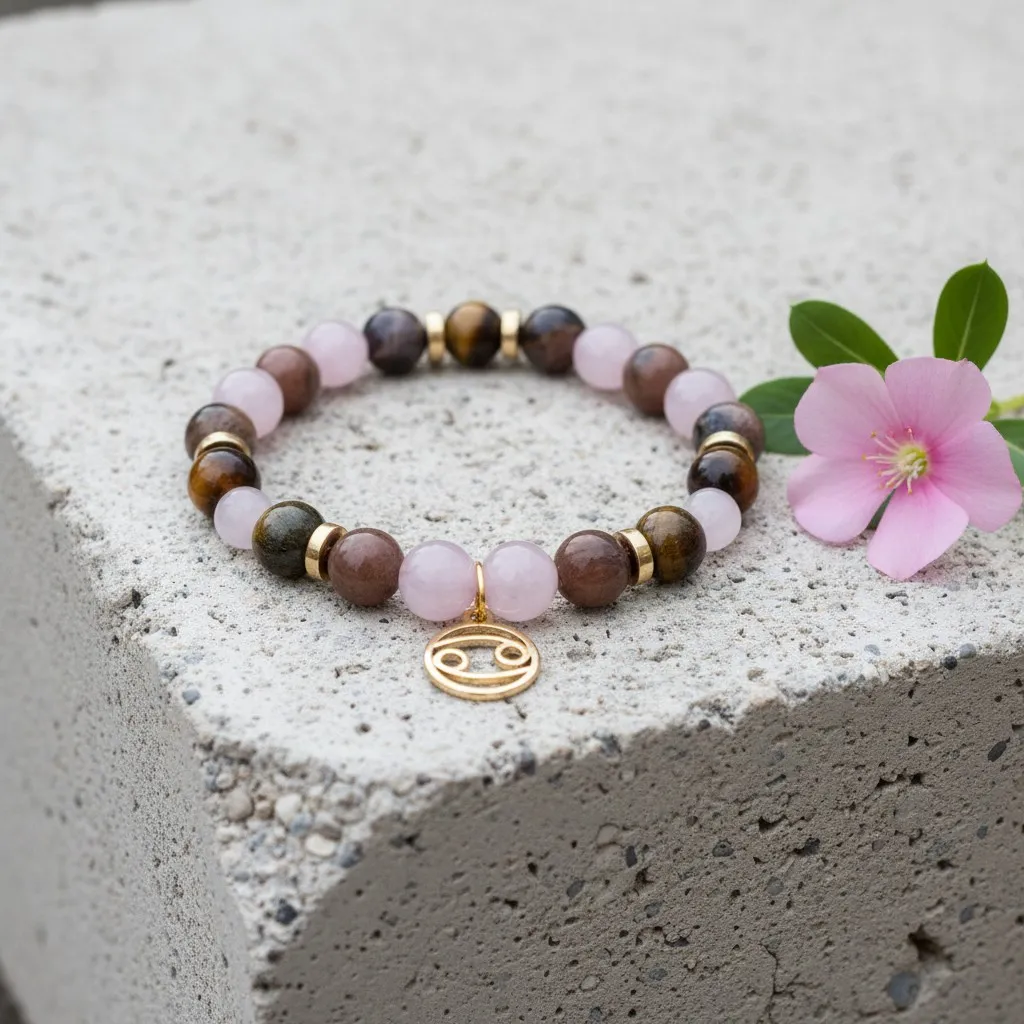 Gemstone bracelet Gold charm zodiac sign Cancer (6 po (très petit))