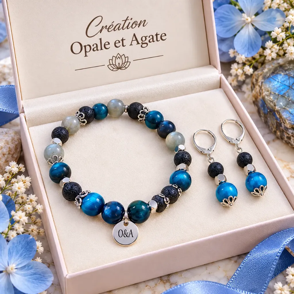 Duo Bracelet et Boucles d'oreilles Pierres semi-précieuses ~ Collection Sky ~ Bouclier