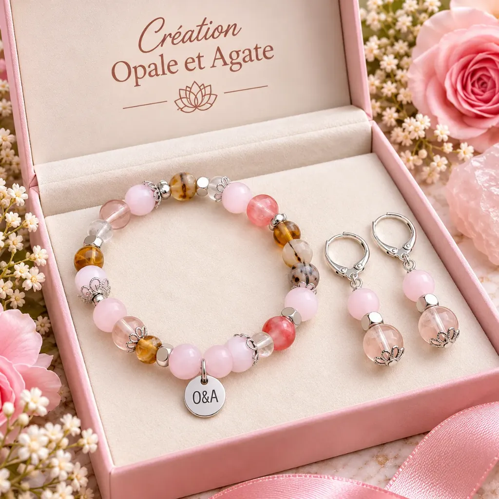 Duo Bracelet et Boucles d'oreilles Pierres précieuses ~ Collection Sky ~ Amour (6 po (très petit))