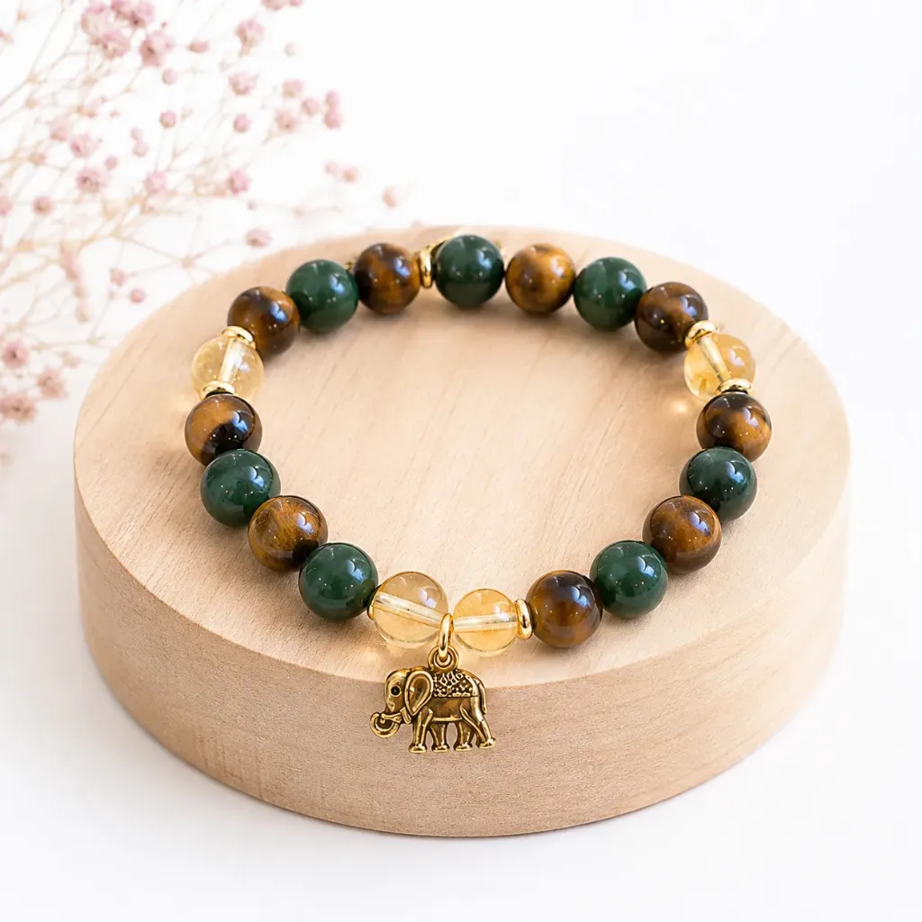 Bracelet Abondance, Chance et Réussite – Citrine, Jade Vert et Œil de Tigre – 8 mm