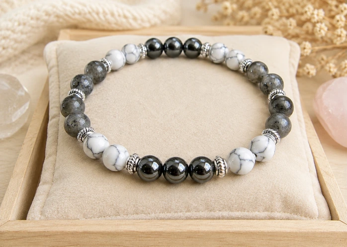 Bracelet Calme intérieur – Labradorite, Howlite et Hématite – 8 mm