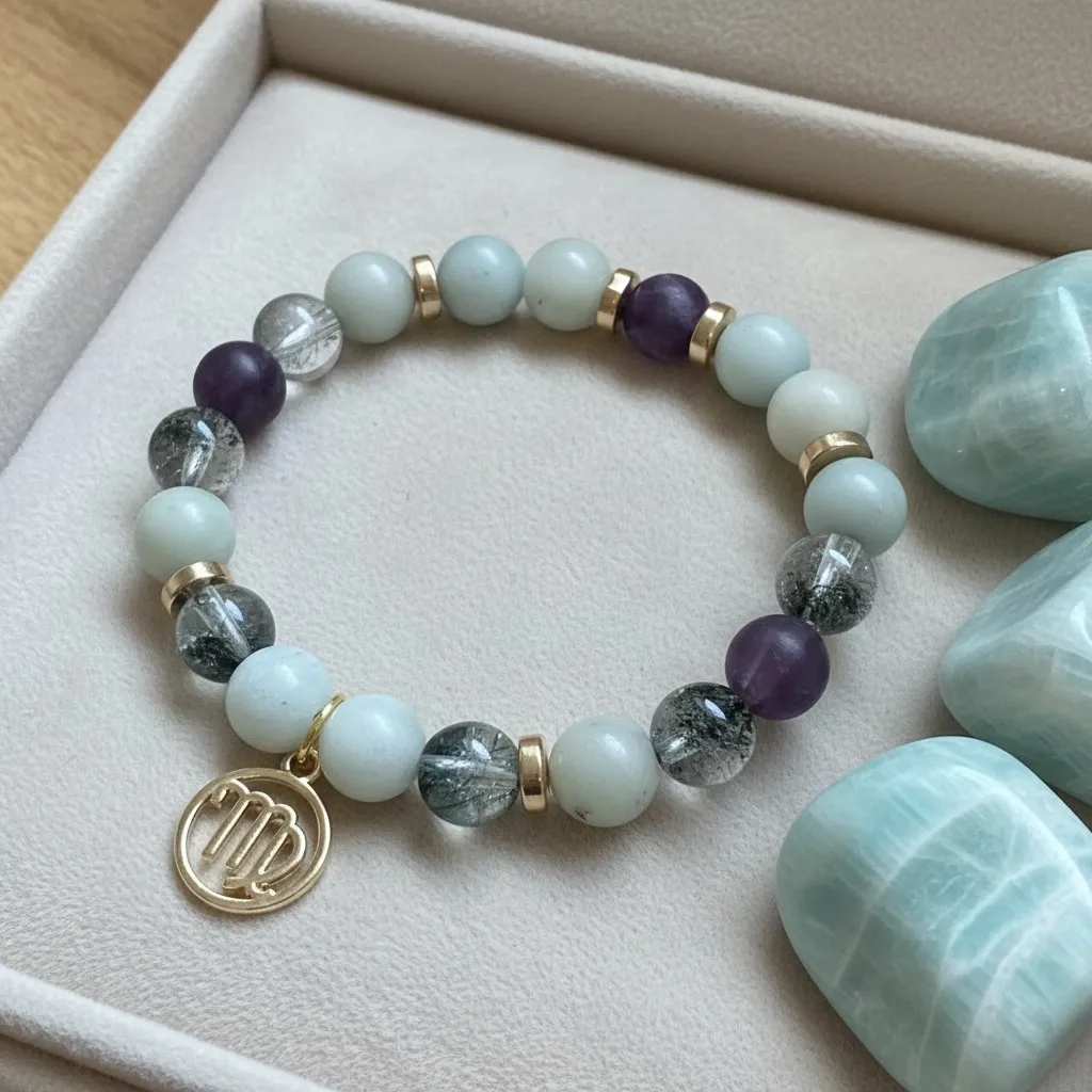Gemstone bracelet Golden charm Virgo zodiac sign