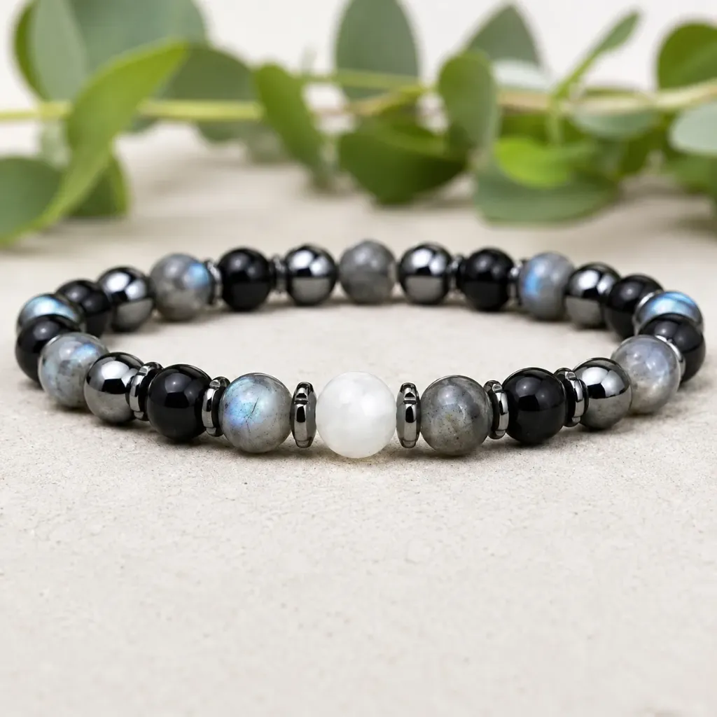 Bracelet Protection & Intuition – Labradorite, Pierre de lune, Hématite et Agate noire – 8 mm