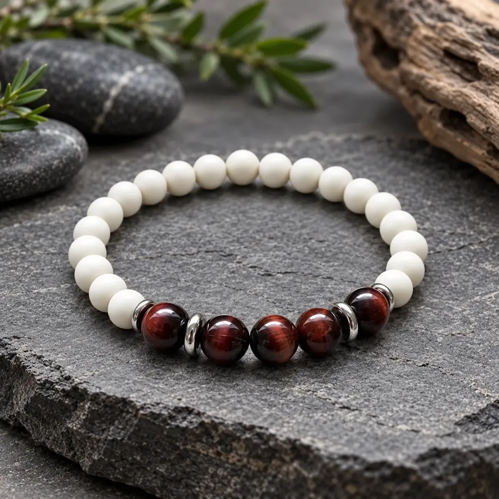 Bracelet Force et Ancrage – Œil de taureau et Pierre fossile – Unisexe