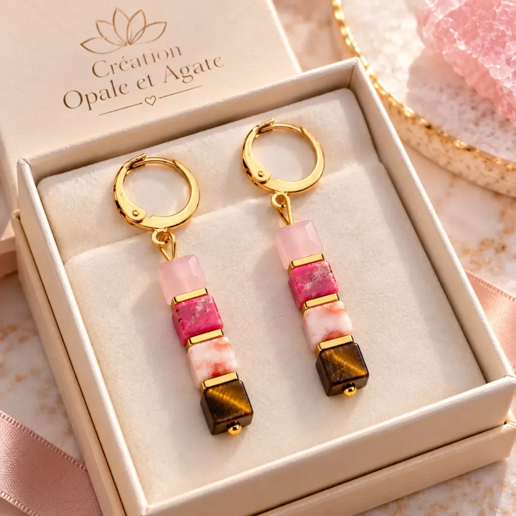 Boucles d’oreilles Douce Assurance – Pierres naturelles carrées