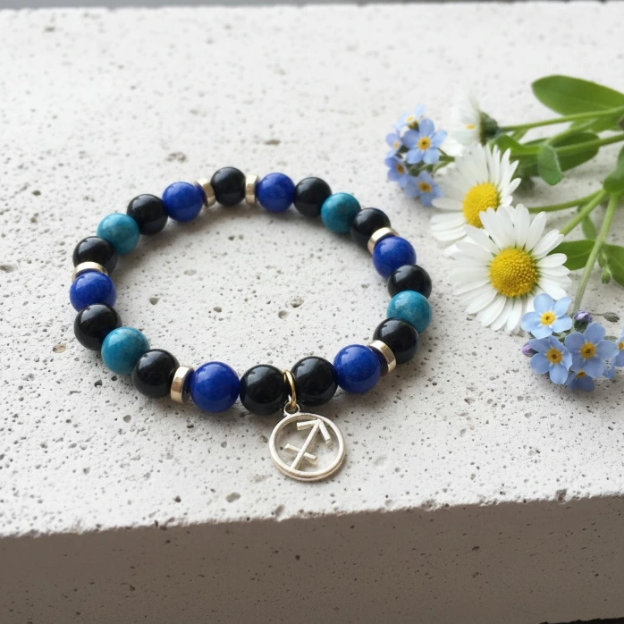 Gemstone bracelet Gold charm Sagittarius zodiac sign (6 po (très petit), Apatite)