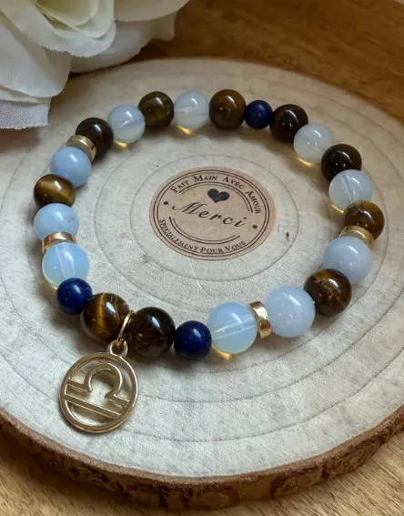 Gemstone bracelet Gold charm Libra zodiac sign (6 po (très petit), Aquamarine)