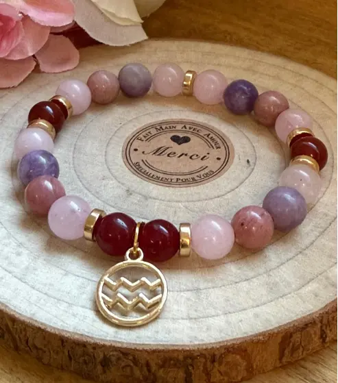 Bracelet en Pierre précieuse Breloque dorée signe du zodiaque Verseau (6 po (très petit), Quartz rose)