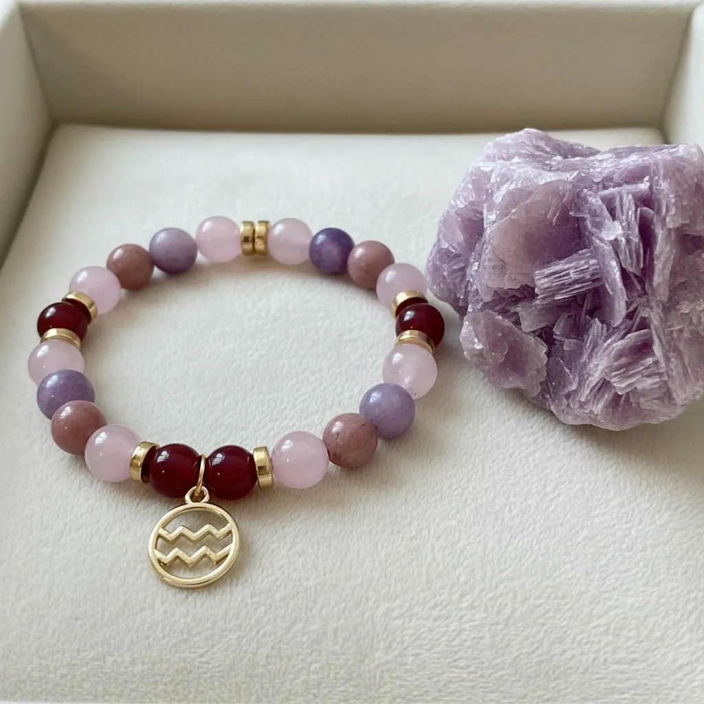 Gemstone bracelet Gold charm zodiac sign Aquarius