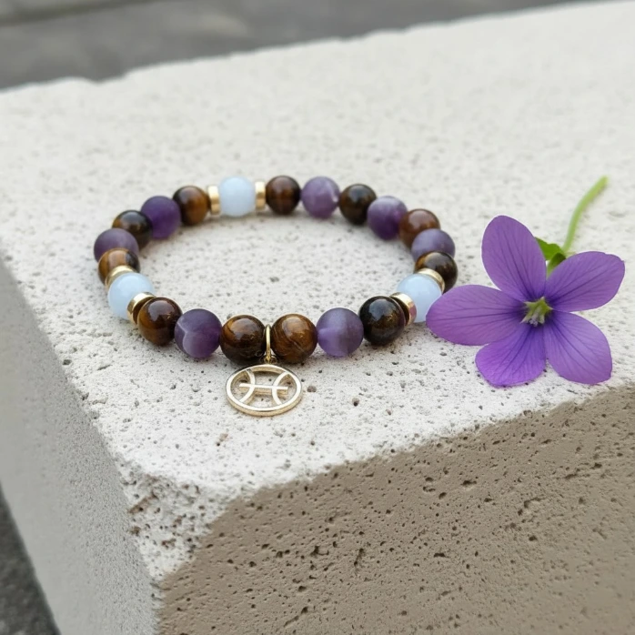 Gemstone bracelet Gold charm zodiac sign Pisces (6 po (très petit), Aquamarine)