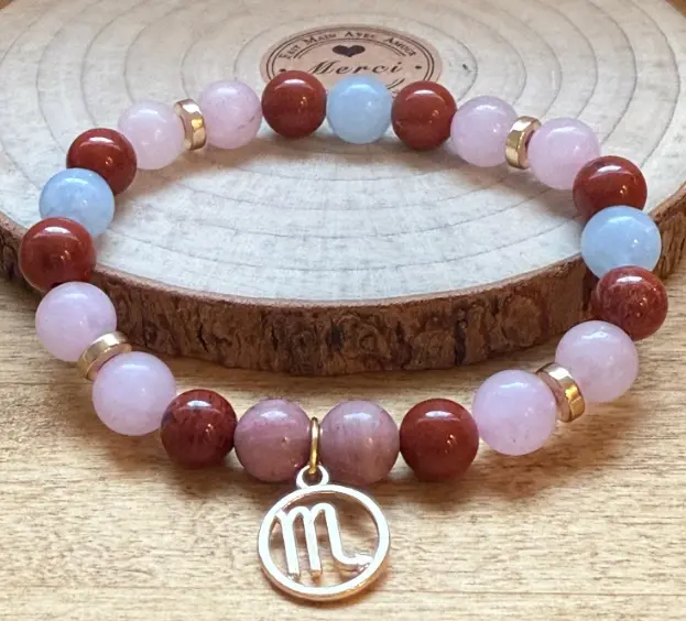 Gemstone bracelet Gold charm zodiac sign Scorpio