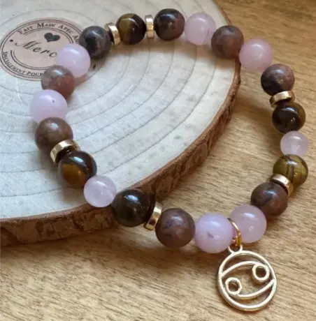 Gemstone bracelet Gold charm zodiac sign Cancer (6 po (très petit), Rose Quartz)