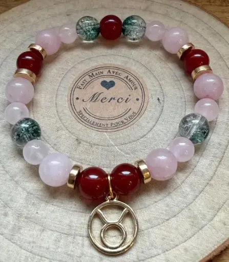 Semiprecious stones bracelet Gold charm zodiac sign Taurus
