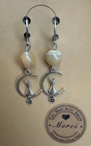 Semi-precious stone earrings ~ Soothing ~ Stainless steel sleeper and cat charm