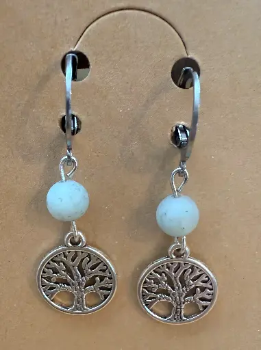 Amazonite Semi-Precious Stone Earrings ~ Happiness ~ Stainless Steel Sleeper Earrings with Tree of Life Charm