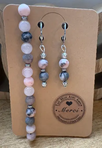 Zebra Jasper and Rose Quartz Gemstone Bracelet and Earrings Duo ~ Soothing ~ Stainless Steel Sleeper